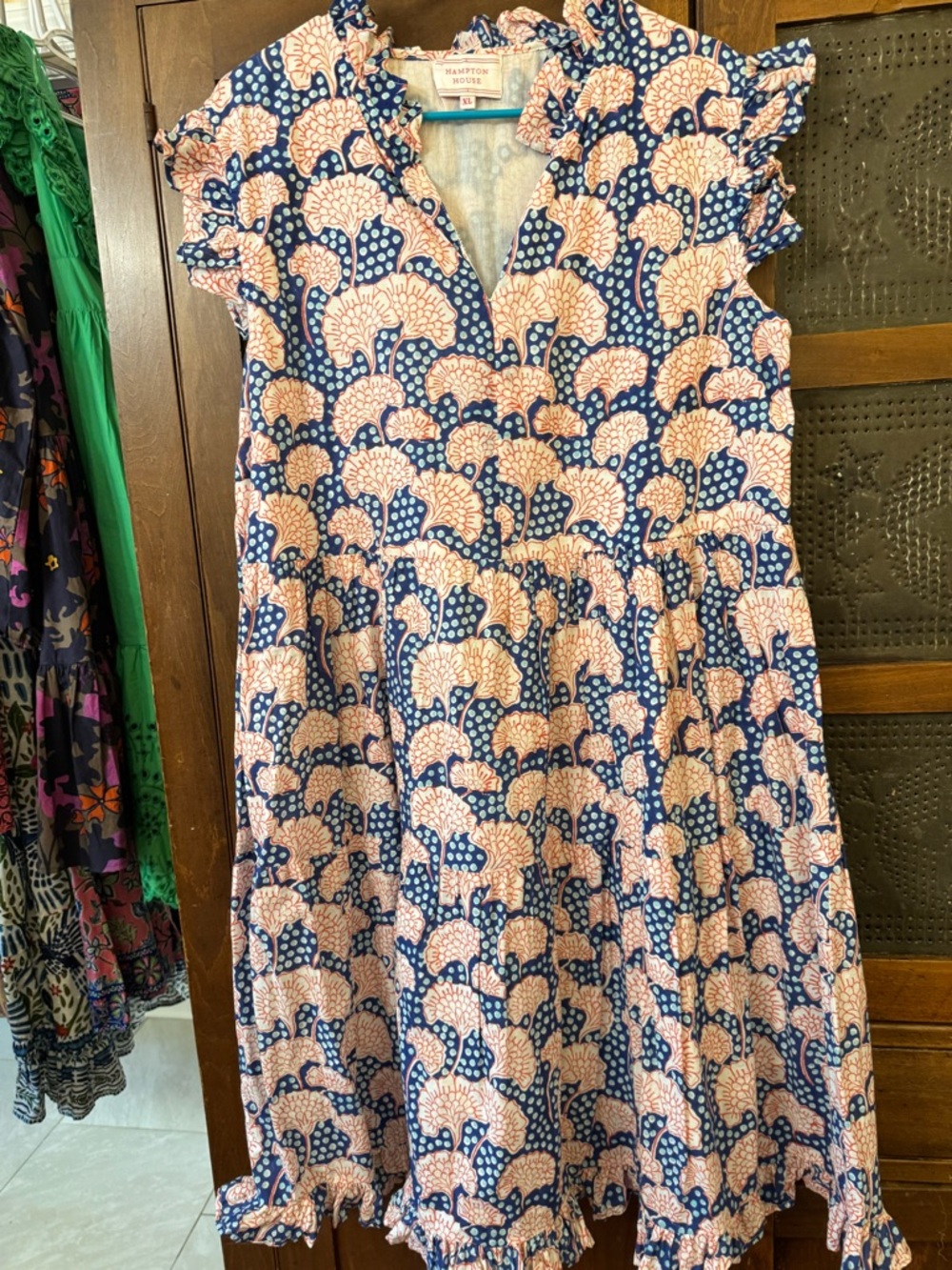 Hampton House Flutter Sleeve Cotton Blockprint Dress Sz XL